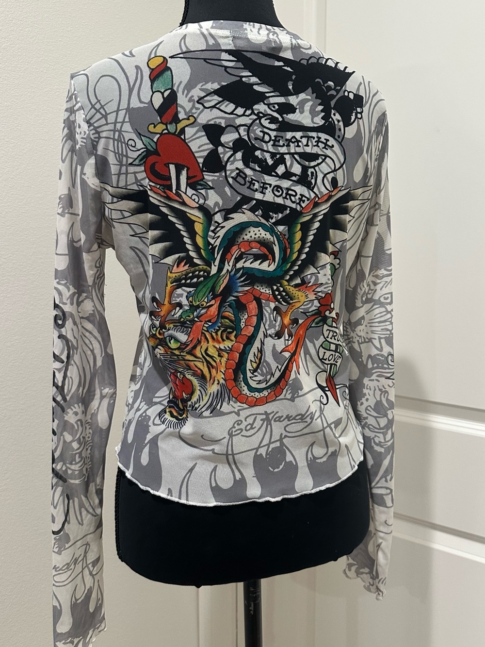 Ed Hardy Dragon Dagger White Mesh Long Sleeve Crop Top. Size L - Picture 2 of 11